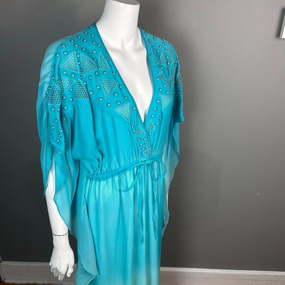Catherine Malandrino kimono Dress Medium VTG Designer Studded FLAW Blue Silk Y2K - Picture 11 of 13